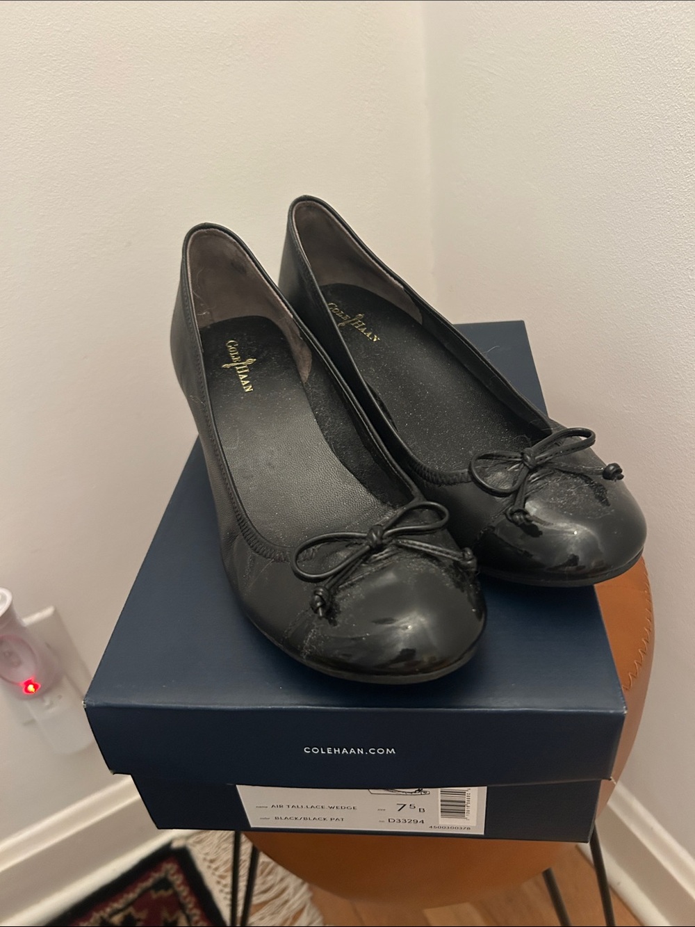 Cole Haan Black Patent Leather Ballet Flats with Bow Detail